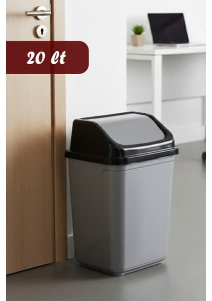 Porsima 0099 Kapaklı Gri-Siyah Çöp Kutusu - Favori Banyo ve Mutfak Çöp Kovası 20LT