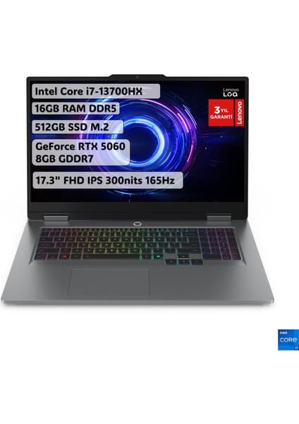 Lenovo LOQ Intel Core i7 13700HX 16GB 512GB SSD RTX5060 Freedos 17.3" Taşınabilir Bilgisayar 83JH00BQTR