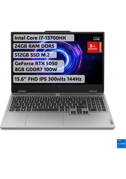 Lenovo LOQ Intel Core i7 13700HX 24GB 512GB SSD RTX5050 Freedos 15.6" FHD 144Hz Taşınabilir Bilgisayar 83JE00LATR