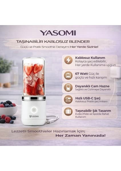 Yasomi Taşınabilir Kablosuz Şarjlı Cam Kişisel Blender Beyaz (Yasomi Türkiye Garantili)