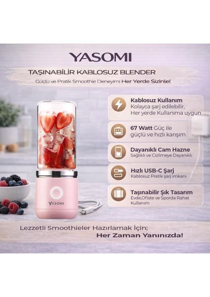 Yasomi Taşınabilir Kablosuz Şarjlı Cam Kişisel Blender Pembe (Yasomi Türkiye Garantili)