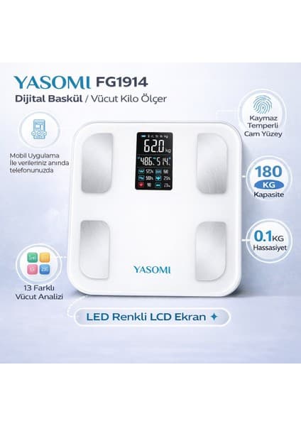 Yasomi Fg1914 Dijital Baskül Yağ Su Kas Vücut Kitle Endeksi Kilo Ölçer Tartı