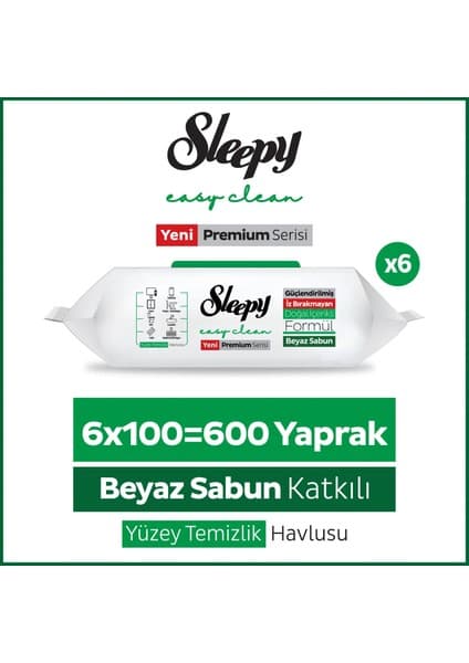 Sleepy Easy Clean Premium Beyaz Sabun Katkılı Yüzey Temizlik Havlusu Mendili 6x100 (600 Yaprak)