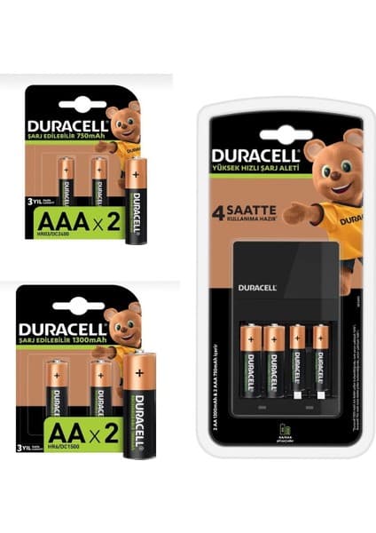 Duracell Cef 14 Hızlı Şarj Cihazı ve 4 Adet 1300 mAh AA ile 4 Adet 750 mAh AAA Şarj Edilebilir Pil
