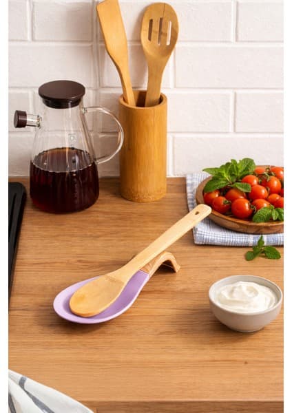 Porsima PBT-718-3 Bambu Saplı Silikon Kirli Kepçe Kaşıklık Altlığı Kepçe ve Kaşık Nihalesi Lila