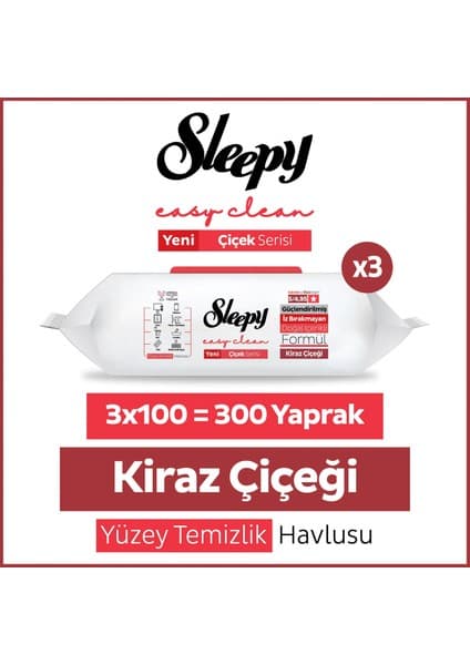 Sleepy Easy Clean Kiraz Çiçeği Yüzey Temizlik Havlusu Mendili 3x100 (300 Yaprak)