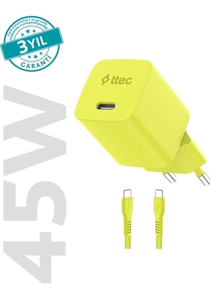 Ttec Smartcharger Gan 45W AVS Pd Seyahat Hızlı Şarj Aleti + Usb-C - Usb-C 3A 120 cm Kablo Neon