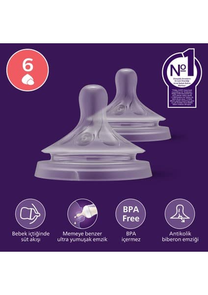 Philips Avent Doğal Tepkili Silikon Biberon Emziği 6 Numara Orta Akış 6+ Ay 2'li Paket