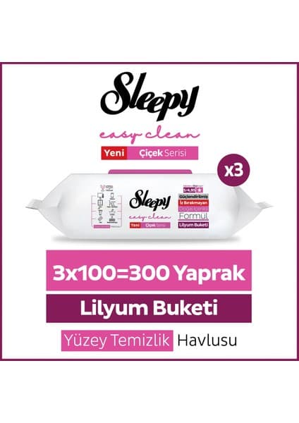 Sleepy Easy Clean Lilyum Buketi Yüzey Temizlik Havlusu Mendili 3x100 (300 Yaprak)