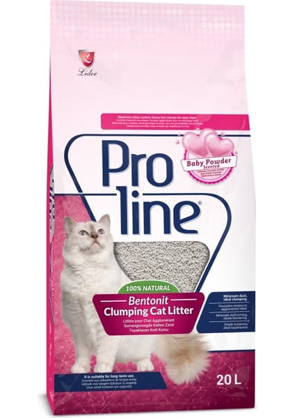 Proline Bebek Pudralı Kokulu Bentonit Topaklanan Kedi Kumu 20 L Yüksek Emme Gücü ve Ultra Hızlı Topaklanma