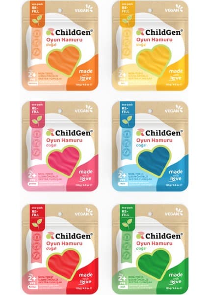 ChildGen Doğal Oyun Hamuru - 6lı 6X125 gr Vakumlu Kartuş Paket - (Ecopack-Refill)