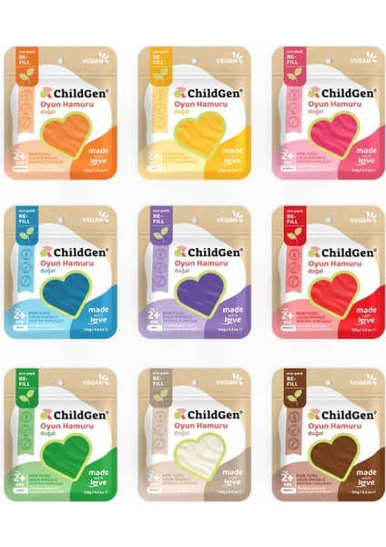 ChildGen Doğal Oyun Hamuru - 9’lu 9X125 gr Vakumlu Kartuş Paket - (Ecopack-Refill)