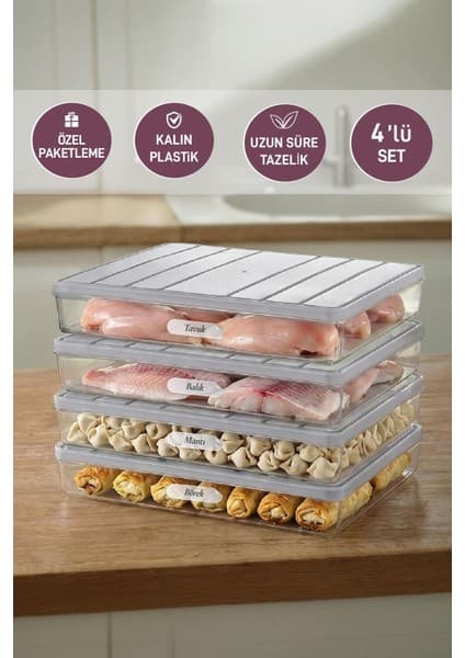 Selka Home 4'lü 2,25 Lt. Nora Organizer Buzdolabı Saklama Kabı Açık Gri Kalın Plastik