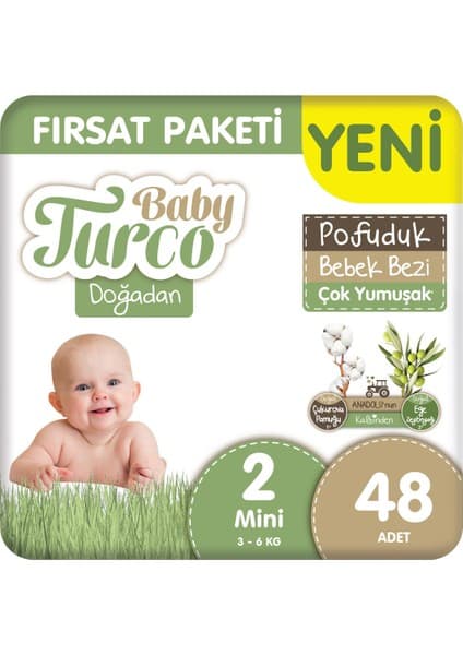 Baby Turco Doğadan Fırsat Paketi Pofuduk Bebek Bezi 2 Numara Mini 48 Adet
