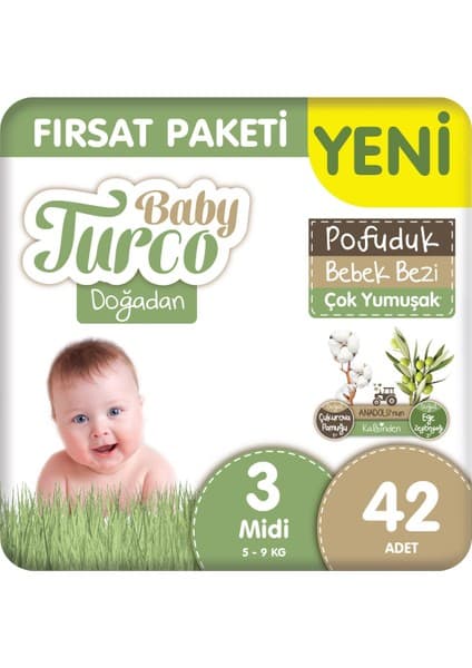 Baby Turco Doğadan Fırsat Paketi Pofuduk Bebek Bezi 3 Numara Midi 42 Adet