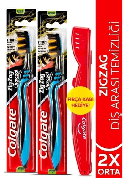 Colgate ZigZag Charcoal Orta Diş Fırçası x 2 Adet Diş Arası Temizliği İçin Fırça Kabı Hediyeli