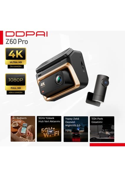 Ddpai Z60 Pro 4K UHD Araç Kamerası - 4G & 5GHz Wi-Fi - AI Gece Görüşü - 7/24 Park