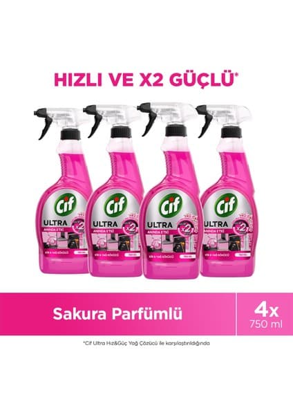 Cif Ultra Sakura Parfümlü Kir ve Yağ Sökücü 750 ml X4 Hızlı Etki ve Pratik Kullanım