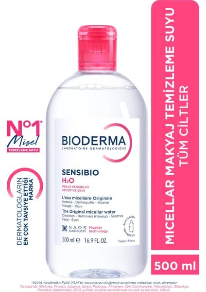 Bioderma Sensibio H2O Makyaj Temizleme Suyu - Hassas Ciltler için Yatıştırıcı ve Dengeleyici Etki, 500 ml