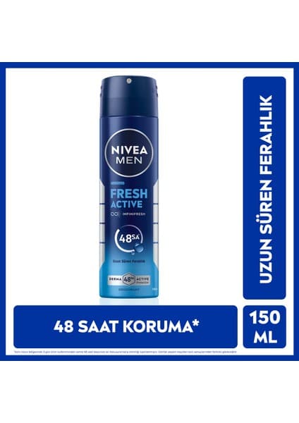 Nivea Men Erkek Sprey Deodorant Fresh Active 150ml, Ter Kokusuna Karşı 48 Saat Koruma, Aluminyum İçermez