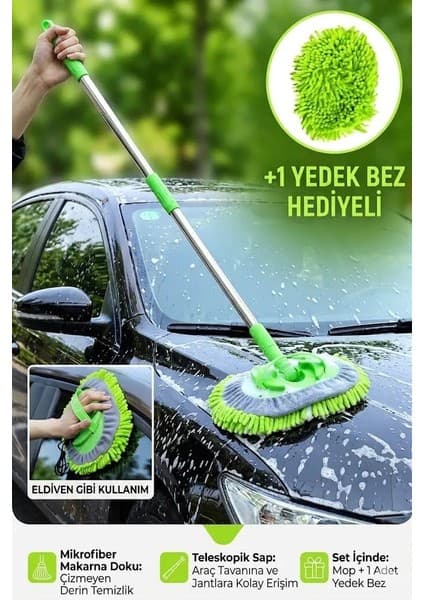 Sihirli Mop Araba Yıkama Fırçası Mikrofiber Bezli Teleskopik Saplı +1 Yedek Bez Hediyeli
