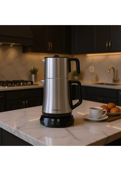 Homend Royaltea Elegant 1776H Gri Parlak Inox Çay Makinesi 1 lt Çelik Demlik Kapasitesi