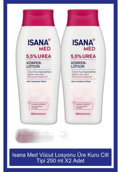 Isana Med Vücut Losyonu 5,5% Üre ile Kuru Ciltler için Hızlı Nemlendirme 500 ml X2 Adet