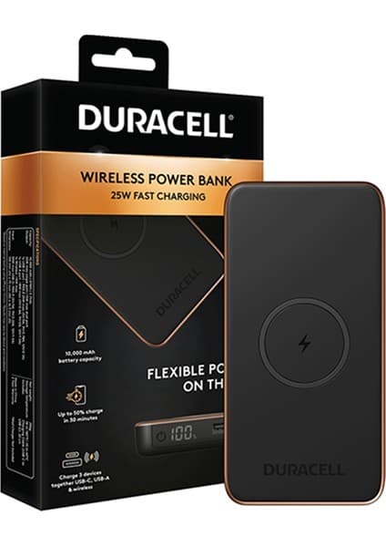 Duracell 10 000 mAh Wireless Powerbank USB-C PD 25W Hızlı Şarj & 15W Kablosuz Taşınabilir Şarj Cihazı