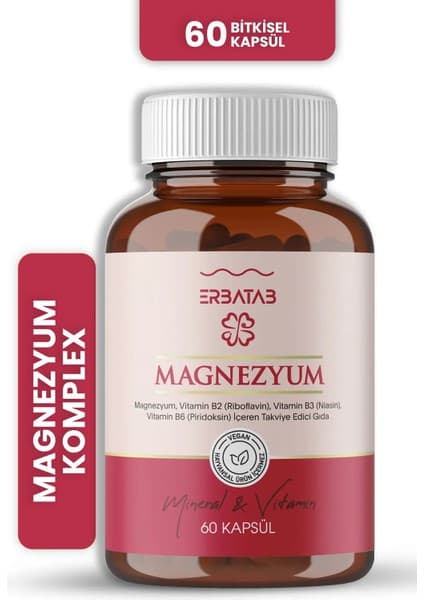 Erbatab Magnezyum 3 lü Form (Bisglisinat, Sitrat, Malat) & Vitamin B2 , B3 , B6 - 60 Kapsül