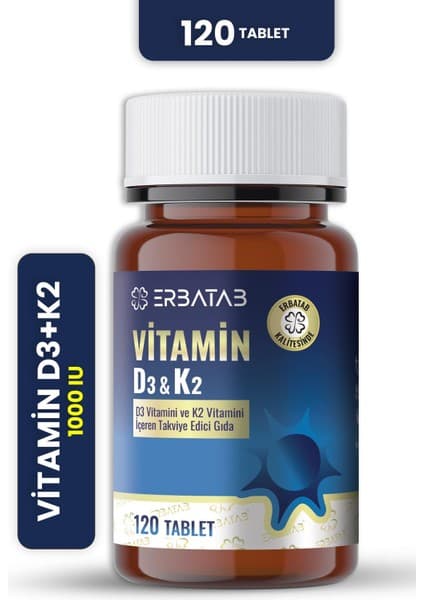 Erbatab D3K2 120 Tablet – Vitamin D3 1000 IU ve Vitamin K2 25 mcg Takviye Edici Gıda