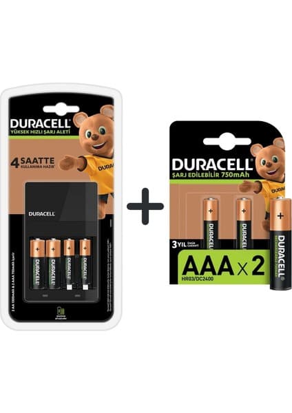 Duracell 4 Saatte Şarj Olabilen Yüksek Performanslı Şarj Aleti ve 2 Adet 750 mAh AAA Pil