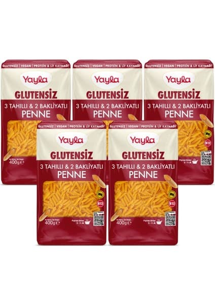 Yayla Glutensiz 3 Tahıllı ve 2 Bakliyatlı Penne Makarna 400 g x5
