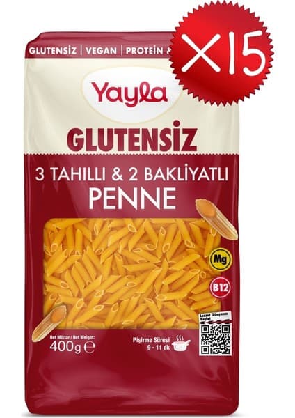 Yayla Glutensiz 3 Tahıllı ve 2 Bakliyatlı Penne Makarna 400 g x15