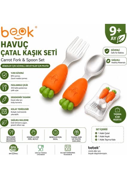 Jojobebek Turuncu Renk Havuç Figürlü Premium Çocuk BPA Free Silikon Sap Paslanmaz Çelik Uçlu Çatal-Kaşık Set ve Saklama Kutusu 9+ Ay