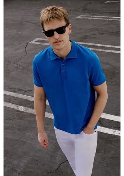 Altınyıldız Classics Erkek Royal Mavi %100 Pamuk Kıvrılmaz Pike Polo Yaka Slim Fit Dar Kesim Tişört