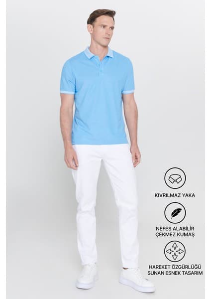 Altınyıldız Classics Erkek Çekmeyen Pamuklu Kumaş Slim Fit Dar Kesim Mavi Kıvrılmaz Polo Yaka Tişört