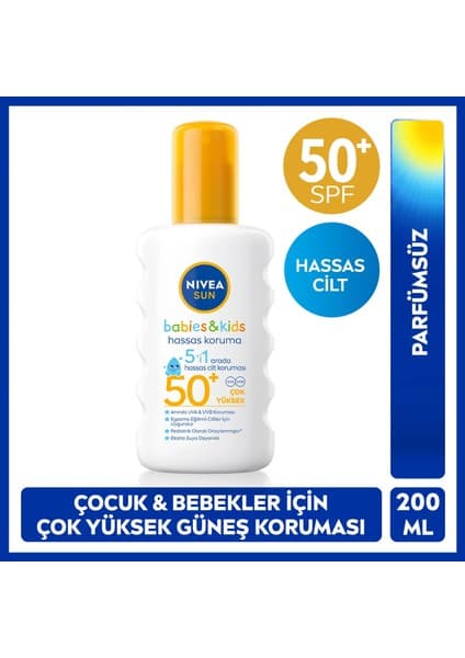 Nivea SUN SPF50+ Çocuklar ve Bebeklere Özel Yüksek Güneş Koruyucu Sprey 200ml, Hassas Cilt, Parfümsüz