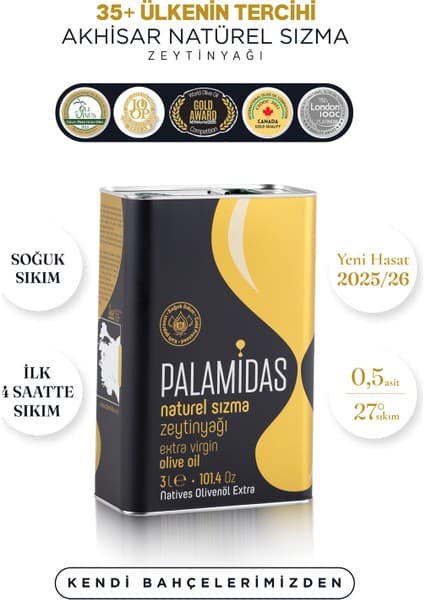 Palamidas3 Lt Tnk Özel Harman Soğuk Sıkım Natürel Sızma Zeytinyağı 2025-2026 Yeni Hasat