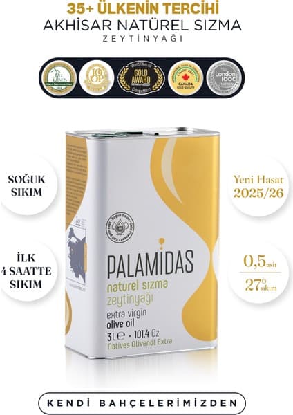 Palamidas 3 lt Soğuk Sıkım Natürel Sızma Zeytinyağı Akhisar Menşeli 2025-2026 Hasat