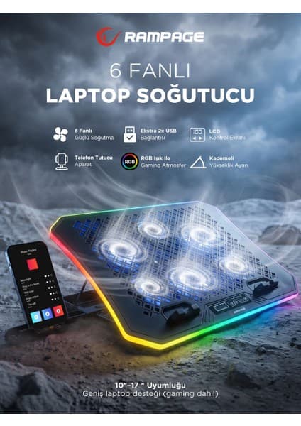 Rampage AD-RC34 Metafor Rgb 6 Fanlı Telefon Tutuculu Rgb Işıklı 15-17 Notebook Soğutucu Stand