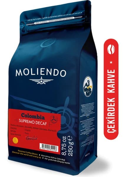 Moliendo Finest Coffee Moliendo Colombia Supremo Decaf (Kafeinsiz) Yöresel Kahve (Çekirdek Kahve) 250 g