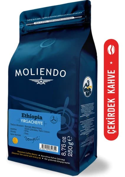 Moliendo Finest Coffee Moliendo Ethiopia Yirgacheffe Yöresel Kahve (Çekirdek Kahve) 250 g Yumuşak Lezzetli Taze Çekilmiş