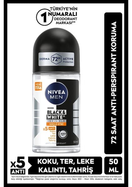 Nivea MEN Erkek Roll-on Deodorant Black&White Invisible Güçlü Etki 50ml, Ter ve Ter Kokusuna Karşı Koruma, Leke Bırakmayan Deodorant, Alkolsüz