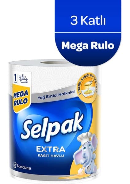Selpak ® Extra 1 Rulo 3 Katlı Kağıt Havlu Yağ Emici ve Dayanıklı Mutfak İçin Paket