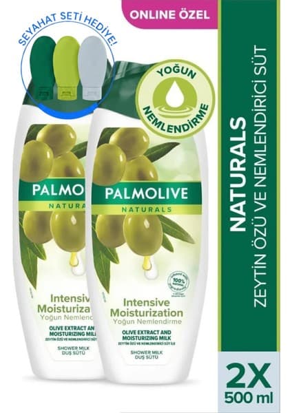 Palmolive Naturals Zeytin Özü ve Nemlendirici Süt Ile Yoğun Nemlendirme Duş Jeli 500 ml X2ADET + Seyahat Kiti