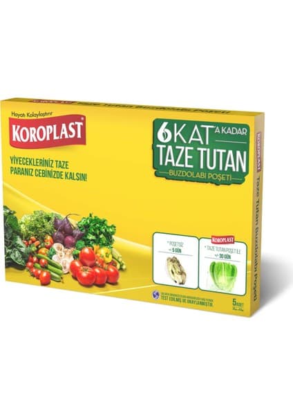 Koroplast Taze Tutan Buzdolabı Poşeti 5 Adet Yerli Üretim ile Meyve ve Sebzeleri Uzun Süre Korur