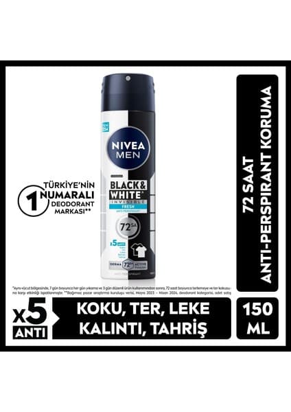 Nivea Men Erkek Sprey Deodorant Black&White Invisible Fresh 150ml, 72 Saat Anti-perspirant Ter Koruması, Alkolsüz