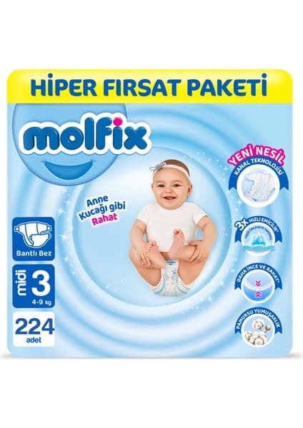 Molfix Kanal Teknolojisi Hiper Fırsat Paketi 3 Beden Midi 224 Adet