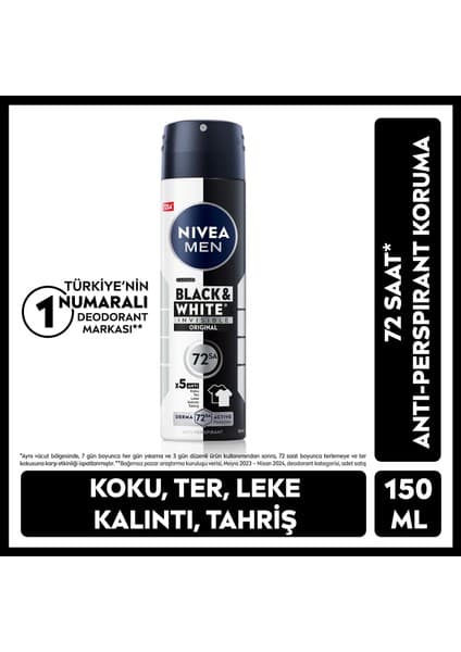 Nivea Men MEN Erkek Sprey Deodorant Black&White Invisible Original 150ml, 72 Saat Anti-perspirant Ter Koruma, Alkolsüz