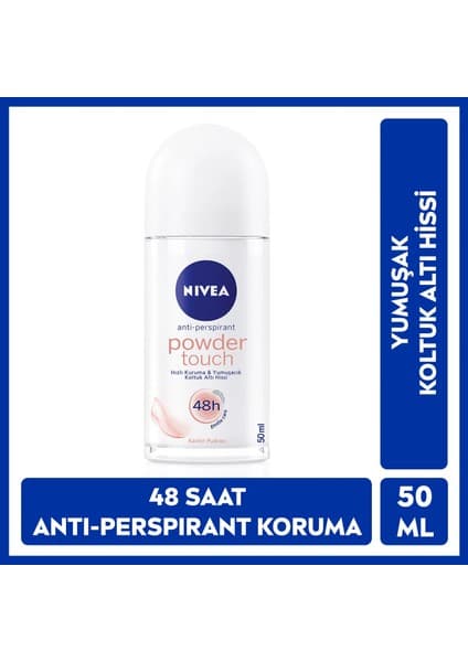 Nivea Kadın Roll-on Deodorant Powder Touch 50ml, 72 Saat Anti-perspirant Koruma, Yumuşak Koltuk Altı Hissi